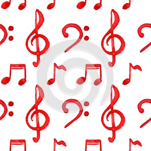 Red notes treble bass clef music seamless pattern vector