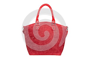 Red, nubuck, leather elegant women bag. Fashionable female handbag, isolated