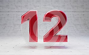 Red number 12. Metallic red color digit isolated on concrete background