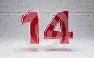 Red number 14. Metallic red color digit isolated on concrete background