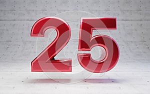 Red number 25. Metallic red color digit isolated on concrete background