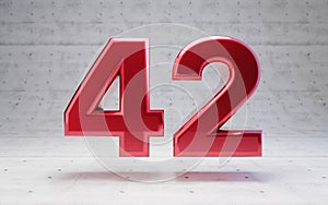 Red number 42. Metallic red color digit isolated on concrete background