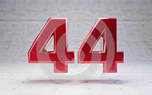 Red number 44. Metallic red color digit isolated on concrete background