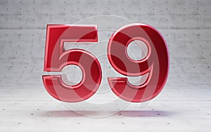 Red number 59. Metallic red color digit isolated on concrete background