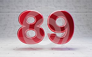 Red number 89. Metallic red color digit isolated on concrete background