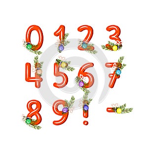 Red numbers with green Christmas tree branch, ball and bow