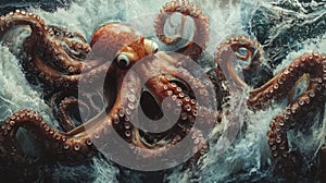 Red Octopus in Dark Ocean Water