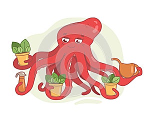 The red octopus gardener holds pots of plants in his tentacles. Marine inhabitant in cartoon style. Garden supplies