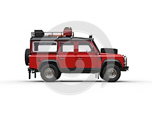 Red off road vehicle with all equipment - side view