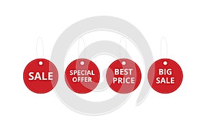 Red offer and sale round labels on a white background