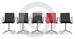 Red office chair among black chairs isolated