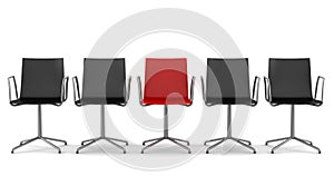 Red office chair among black chairs isolated