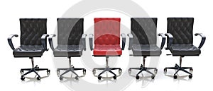 Red office chair among black chairs isolated on white background