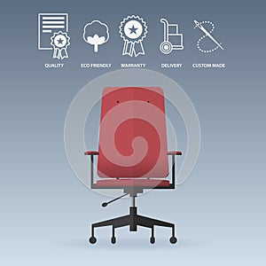 Red office chair in flat design with service icons set. Vector.