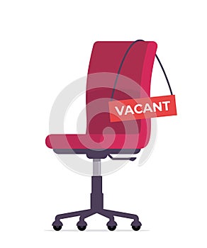 Red office chair and sign vacant. Business hiring and recruiting concept. Vector illustration