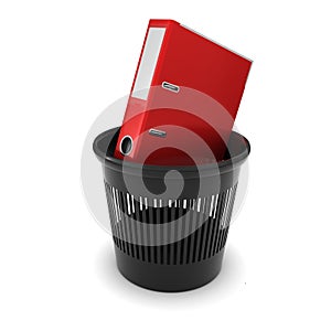 Red Office folder with documents in a black trash