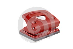 Red office paper hole puncher, isolated on white background