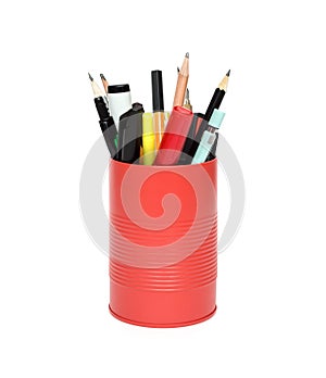 Red office pot with pencils and pens