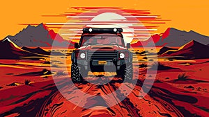 Red offroad SUV driving in desert on a hot sunset background. 4x4 adventure vector illustration.