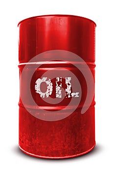 Red oil barrel isolated on white background. Blank realistic rustic oil barrel