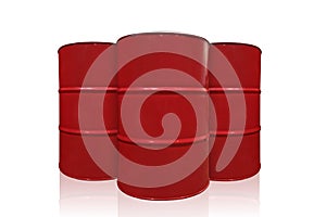 Red oil barrels isolated on white background. Three red barrels isolated on white background