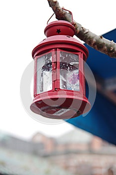 The red oil lamp is hung up on the tree