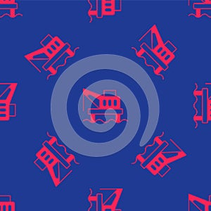 Red Oil platform in the sea icon isolated seamless pattern on blue background. Drilling rig at sea. Oil platform, gas