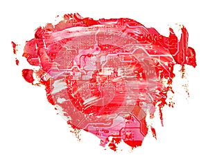 Circuit board heart on red oil texture paint stain brush stroke