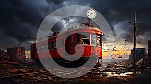 A red old abandoned tram near tram tracks and outdated broken city clocks.