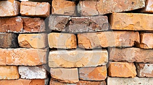 Red old brick wall background, brick wall texture. Stack of old weathered bricks used for construction or recycling