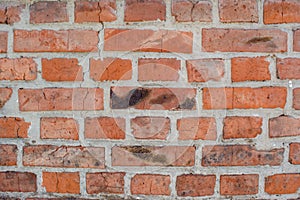 Red old faded bricks background with flaws and splits