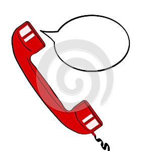 red old phone handset and empty speech bubble for your offer. Vector colorful hand drawn illustration in retro comic style.