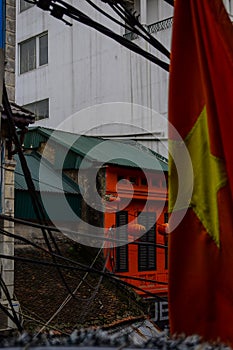 A red old shophouse in old quarter Hanoi Vietnam