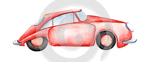 Red old style car with black whills. Hand drawn watercolor illustrtion on a textured papern