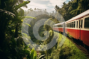 a red old train is going through the forest