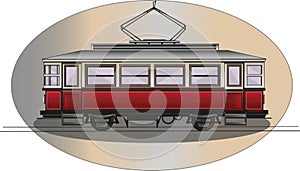 Red old vintage tram for people. Vector illustration of the electric european street tramcar