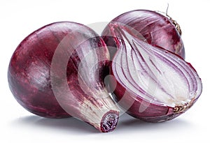Red onion bulb and cross section of onion on white background