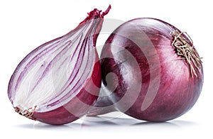 Red onion bulb and cross section on the white background