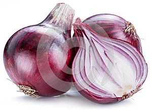 Red onion bulb and cross sections of onion on white background