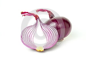 Red onion cut half fresh isolated Is a plant that uses the roots or leaves and many nutrients on white background and clipping