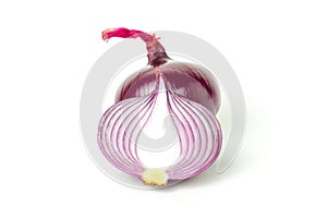 Red onion cut half fresh isolated Is a plant that uses the roots or leaves and many nutrients on white background and clipping