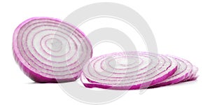 Red onion half with cut purple rings isolated on white