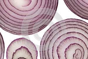 Red onion slices isolated over white