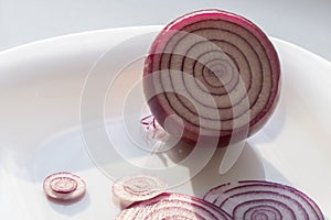 Red onion and slices rings on white plate. Raw juicy vegetable