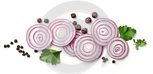 Red onion and various spices on white background