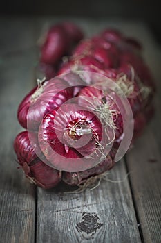 Red onion on a very old oak wooden board. Autumn background. Selective focus.