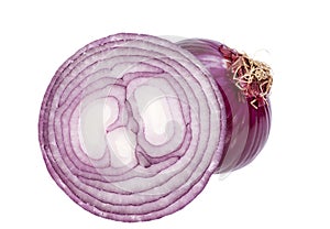 Red onion, whole and half isolated on white background, close up