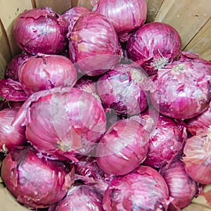 Red onions in basket on display