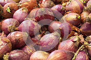 Red onions bulbs on a market in Arequipa, Peru