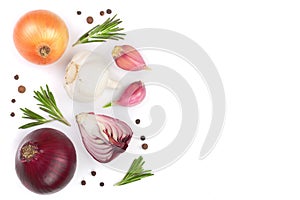 Red onions, garlic with rosemary and peppercorns isolated on a white background with copy space for your text. Top view